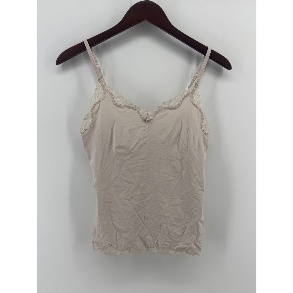 Nude Lace Trim‎ Camisole Top with Rosette Detail Adjustable Straps Beige